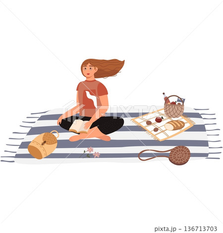 Woman sitting on blanket reading book vector 136713703