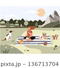 Woman with dog on picnic in mountain forest vector 136713704