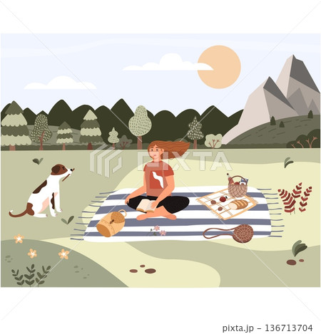 Woman with dog on picnic in mountain forest vector 136713704