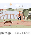 Vector woman running over rural scene illustration 136713708