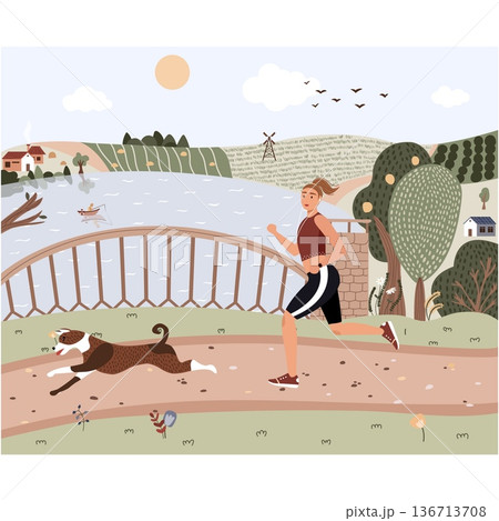 Vector woman running over rural scene illustration 136713708