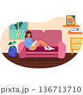 Woman writing in notebook on sofa at home vector 136713710