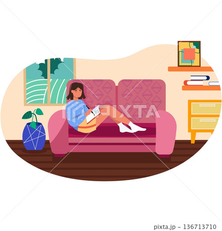Woman writing in notebook on sofa at home vector 136713710