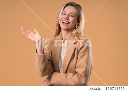 Friendly Young Blonde BusinessWoman Waving Hand - Hello, Or Salute, Chao Friendly Young Blonde BusinessWoman Waving Hand - Hello, Or Salute, Chao 136713753