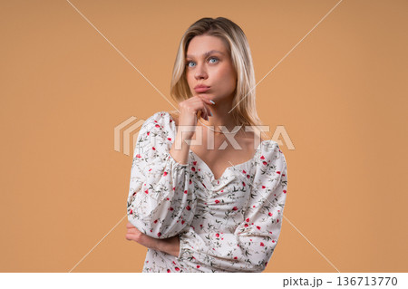 Thoughtful Around Woman Weighing Options. Puzzled Lady Looking Answer On Beige  136713770