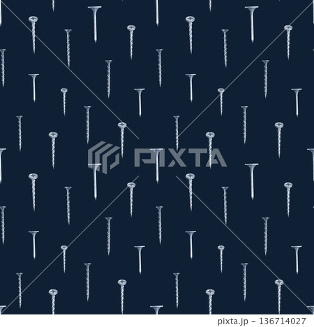 Vertical seamless pattern with iron screws and nails on a dark blue background. Realistic watercolor illustration with working tools for packaging, wallpaper, wrapping paper, as well as for decorating 136714027