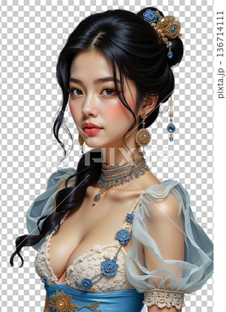 The girl is wearing a luxurious dress with puffy sleeves made of transparent fabric and lace trim 136714111