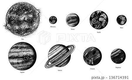 Planets of the Solar system in hand drawn stippling dot work style for science and astronomical 136714391