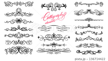 Hand drawn Calligraphy dividers and separators flourish elements. Decorative traditional swirls in 136714422