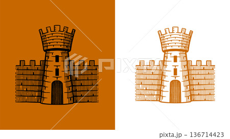 Heraldic tower with a gate of a castle for coat of arms design and shield. Hand drawn engraving in Heraldic tower with a gate of a castle for coat of arms design and shield. Hand drawn engraving in 136714423
