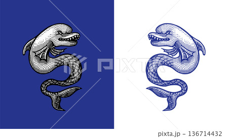 Heraldic dolphin or sea monster for coat of arms design and shield. Hand drawn engraving in old 136714432