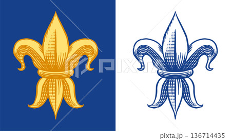 Heraldic French Lily. Fleur de Lys for coat of arms design and shield. Hand drawn engraving in old 136714435