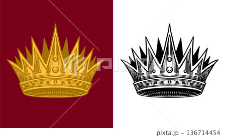 Heraldic king or queens golden crown with roots for coat of arms design and shield. Hand drawn 136714454