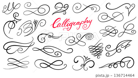 Set of simple Hand-drawn calligraphy flourishes and swirls. Dividers and curls for your invitation Set of simple Hand-drawn calligraphy flourishes and swirls. Dividers and curls for your invitation 136714464