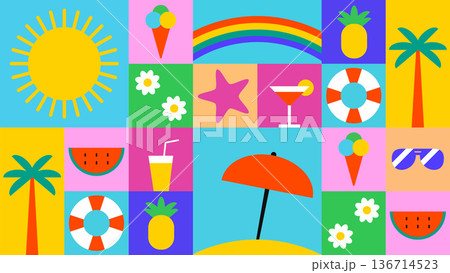 Summer checkered pattern with geometric minimal beach and tropical icons, simple shapes forms. Abstract background with summer holidays. Summer checkered pattern with geometric minimal beach and tropical icons, simple shapes forms. Abstract background with summer holidays. 136714523