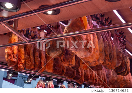 Traditional hamon shop in Central Market of Barcelona, traditional food Traditional hamon shop in Central Market of Barcelona, traditional food 136714621