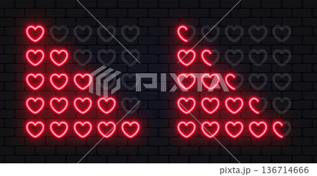 Neon heart rating scale with glowing red icons in various stages. Romantic shapes highlight user feedback and satisfaction. Perfect for dating apps, social media, or loyalty concepts. Neon heart rating scale with glowing red icons in various stages. Romantic shapes highlight user feedback and satisfaction. Perfect for dating apps, social media, or loyalty concepts. 136714666