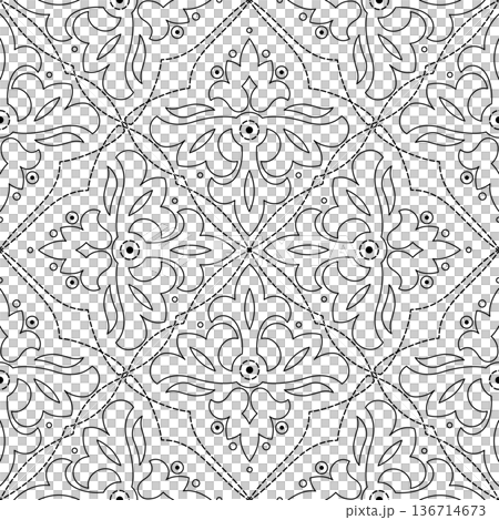 Antique floral seamless pattern. Floral monochrome ornament. Minimalist graphic background. Kaleidoscope plant coloring page Antique floral seamless pattern. Floral monochrome ornament. Minimalist graphic background. Kaleidoscope plant coloring page 136714673