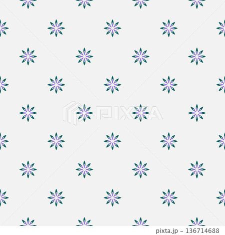 Gentle floral seamless pattern. Little green purple flowers on light grey background. Cute digital ornament in country style. Folk round elements 136714688