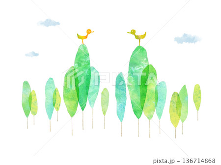 watercolor green tree with birds 136714868