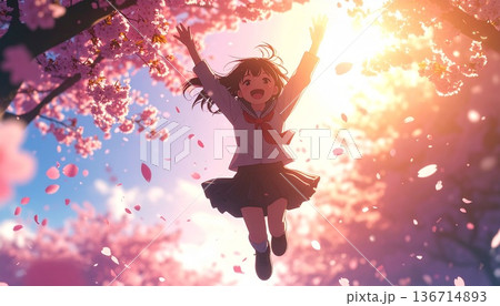 満開の桜と新入生のイラスト 136714893