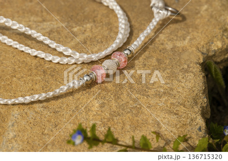 Elegant white braided show lead for dogs with pink beads 136715320