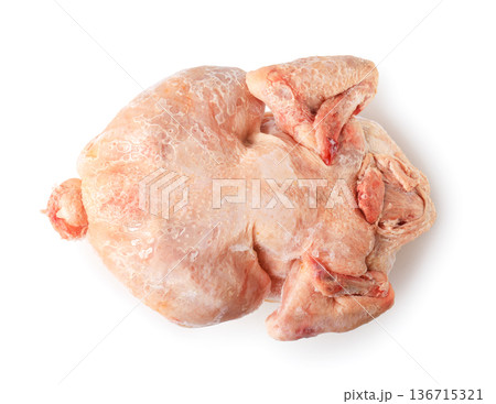 Top view of a whole frozen raw chicken isolated on a white background. Perfect for themes of food storage, poultry products, grocery shopping, and cooking preparation. High quality photo Top view of a whole frozen raw chicken isolated on a white background. Perfect for themes of food storage, poultry products, grocery shopping, and cooking preparation. High quality photo 136715321
