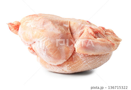 Whole raw frozen chicken carcass covered in white ice crystals isolated on a white background. Uncooked poultry meat ready for thawing and roasting. High quality photo Whole raw frozen chicken carcass covered in white ice crystals isolated on a white background. Uncooked poultry meat ready for thawing and roasting. High quality photo 136715322