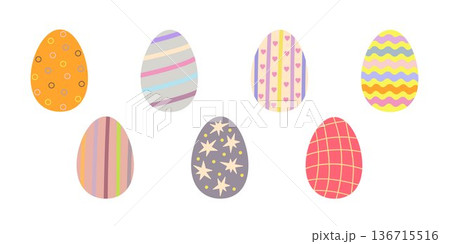 Easter eggs decorated in festive tones holiday symbols set, colorful flat style hand drawn vector illustration for springtime celebration decor, greeting cards, invitations, banners, web design 136715516