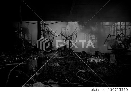 Burnt warehouse. Consequences of the fire. Burnt warehouse. Consequences of the fire. 136715550