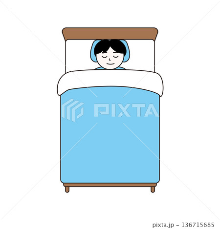 ベッドで安眠する男性と青い布団の主線ありイラスト 136715685