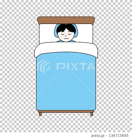 ベッドで安眠する男性と青い布団の主線ありイラスト 136715685
