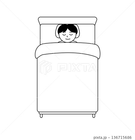 ベッドで安眠する男性の主線のみのモノクロイラスト 136715686