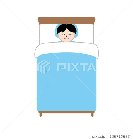 ベッドで仰向けに寝る男性と青い布団の主線なしイラスト 136715687