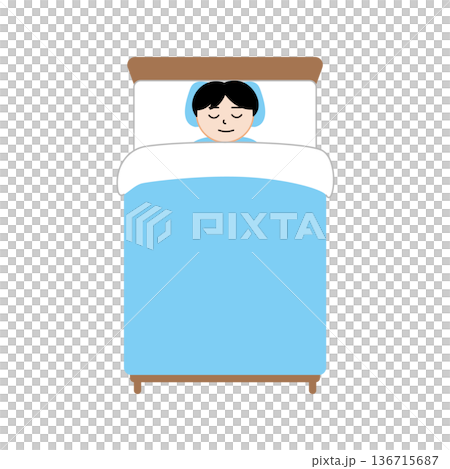 ベッドで仰向けに寝る男性と青い布団の主線なしイラスト 136715687