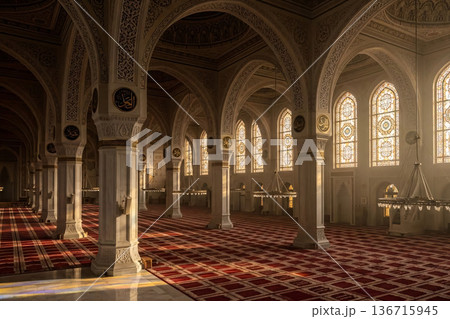 Mosque Interior Eid Near Prayer Hall Sunrise and Light Rows 136715945
