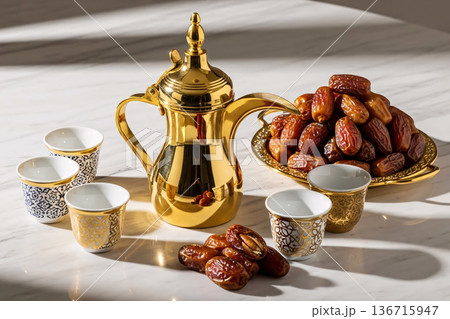 Arabic Coffee Dallah Along Dates Serveware Set and Marble Table Arabic Coffee Dallah Along Dates Serveware Set and Marble Table 136715947