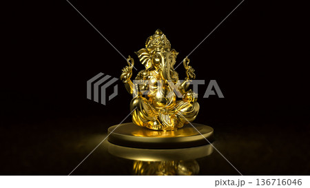 Golden Ganesha Statue on Dark Background 3d render. 136716046