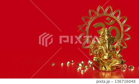 Golden Ganesha with Om Symbol on Red 3d render. Golden Ganesha with Om Symbol on Red 3d render. 136716048