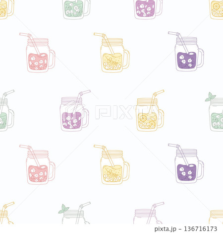 Berry Drink Lemonade in Mason Jars Seamless Pattern. Refreshing Cocktail in Ice, Gooseberry, White, Red, Black Currants, Blueberries, mint and Straw on Light Background. Minimalist Vector Illustration 136716173