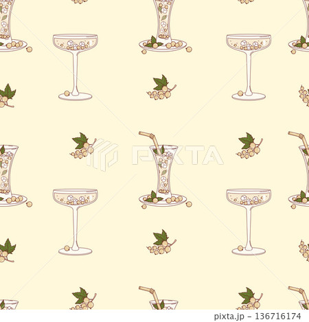White Currant Cocktail Seamless Pattern. Refreshing Drinks with Ice Cubes, Berries, Mint in Elegant Glass on Yellow Background. Square template. Vector Illustration White Currant Cocktail Seamless Pattern. Refreshing Drinks with Ice Cubes, Berries, Mint in Elegant Glass on Yellow Background. Square template. Vector Illustration 136716174