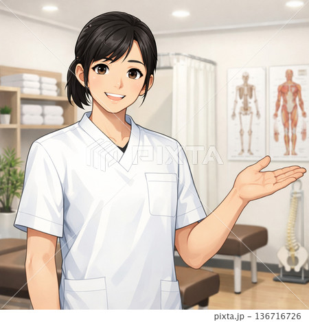 施術内容と院内を説明する女性 136716726