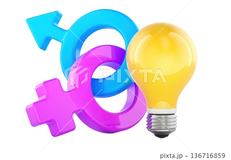 Male and female symbols with yellow light bulb, sex education idea. 3D rendering Male and female symbols with yellow light bulb, sex education idea. 3D rendering 136716859