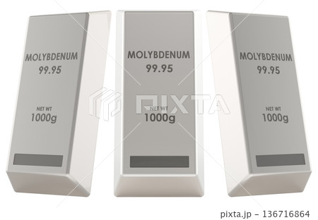 Molybdenum metal ingots, side and front views. 3D rendering 136716864