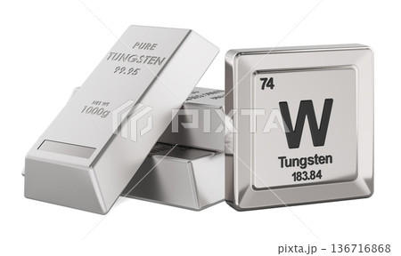 Tungsten metal ingots with W periodic table tile element symbol. 3D rendering 136716868