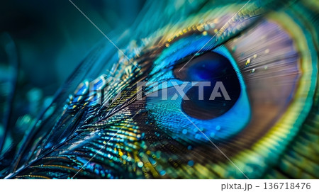 青と緑に輝く孔雀の羽根のマクロテクスチャ 136718476