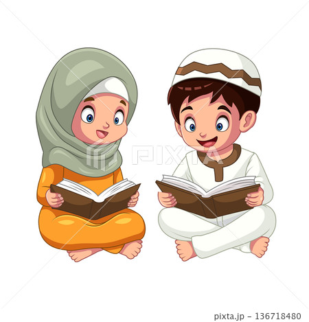 Cartoon of a boy and a girl sitting reading the Koran Cartoon of a boy and a girl sitting reading the Koran 136718480