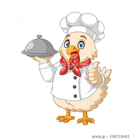 Cartoon chicken wearing chef's uniform showing food. Cartoon chicken wearing chef's uniform showing food. 136718481