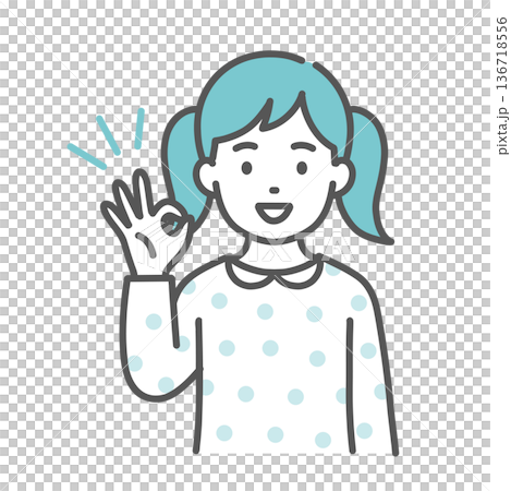 圖：一個女孩（兒童）做出「OK」手勢（微笑，上半身） 136718556