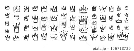 Crown Hand Drawn Doodle Collection with Sketchy Royal Icons. Black Ink Crowns in Different Styles for Branding Logos Stickers, Social Media Scrapbooking Collage Creative Design. Vector Illustration Crown Hand Drawn Doodle Collection with Sketchy Royal Icons. Black Ink Crowns in Different Styles for Branding Logos Stickers, Social Media Scrapbooking Collage Creative Design. Vector Illustration 136718729